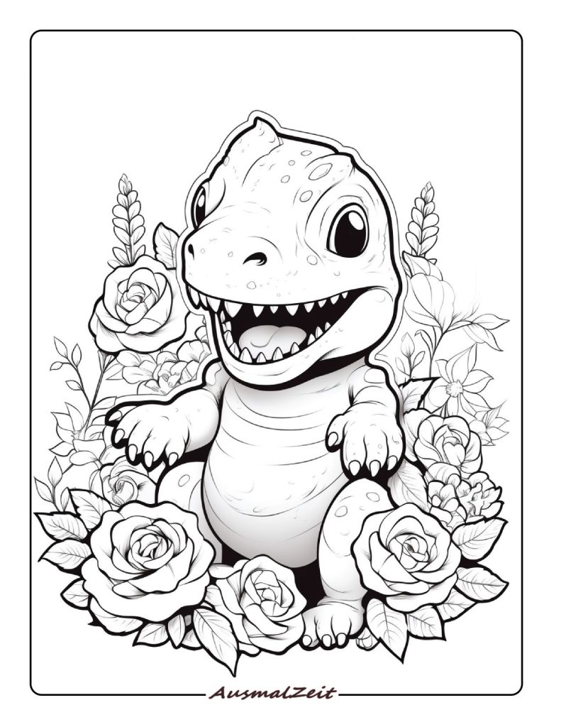 Malvorlage T-Rex und Blumen