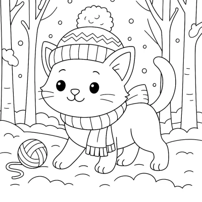 Winter Katze Ausmalbild – Kätzchen mit Mütze und Schal im Schnee