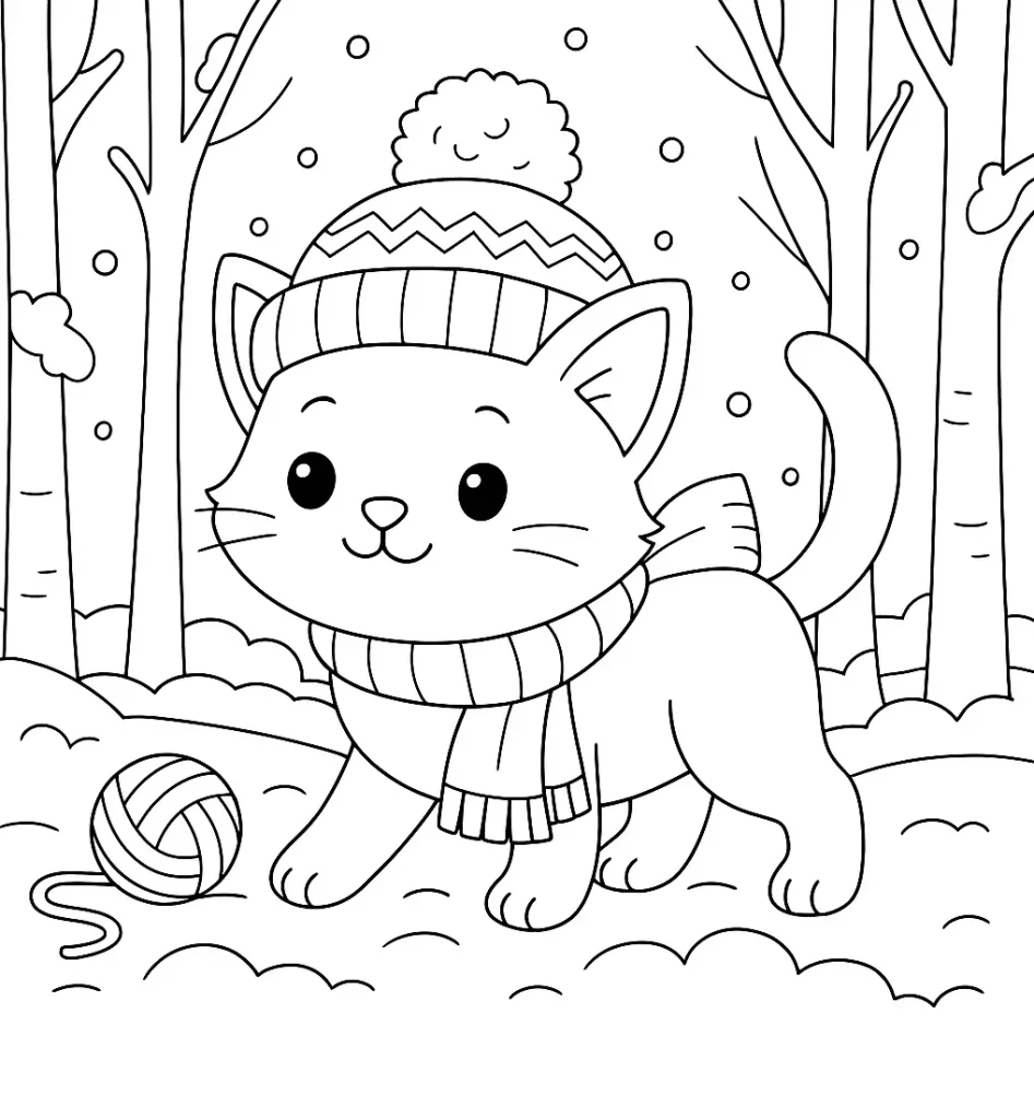 Winter Katze Ausmalbild – Kätzchen mit Mütze und Schal im Schnee