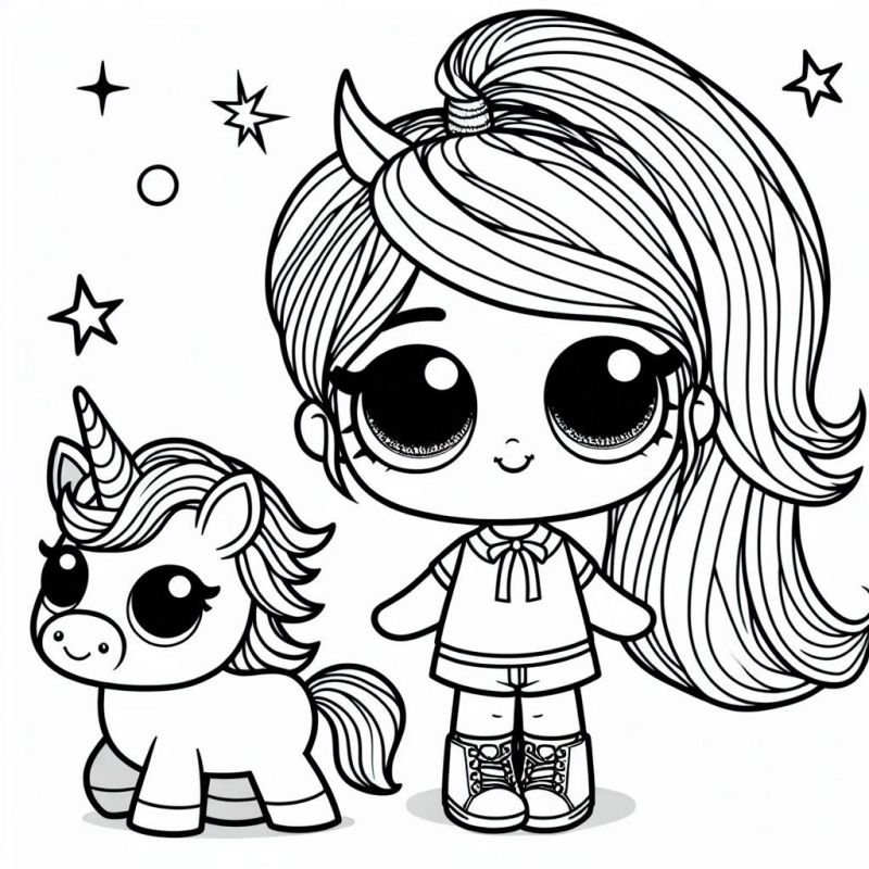 Ausmalbild Einhorn und Lol Mädchen