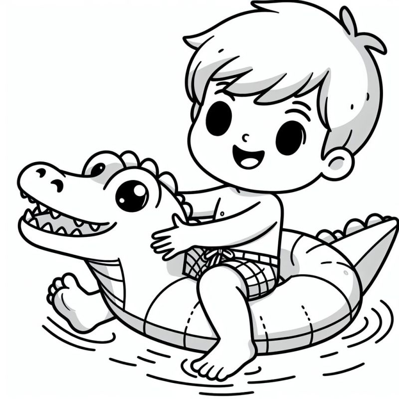Ausmalbild Junge reitet Krokodil