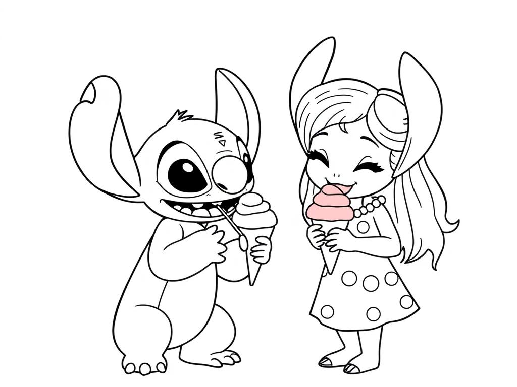 Ausmalbild Lilo und Stitch essen Eis