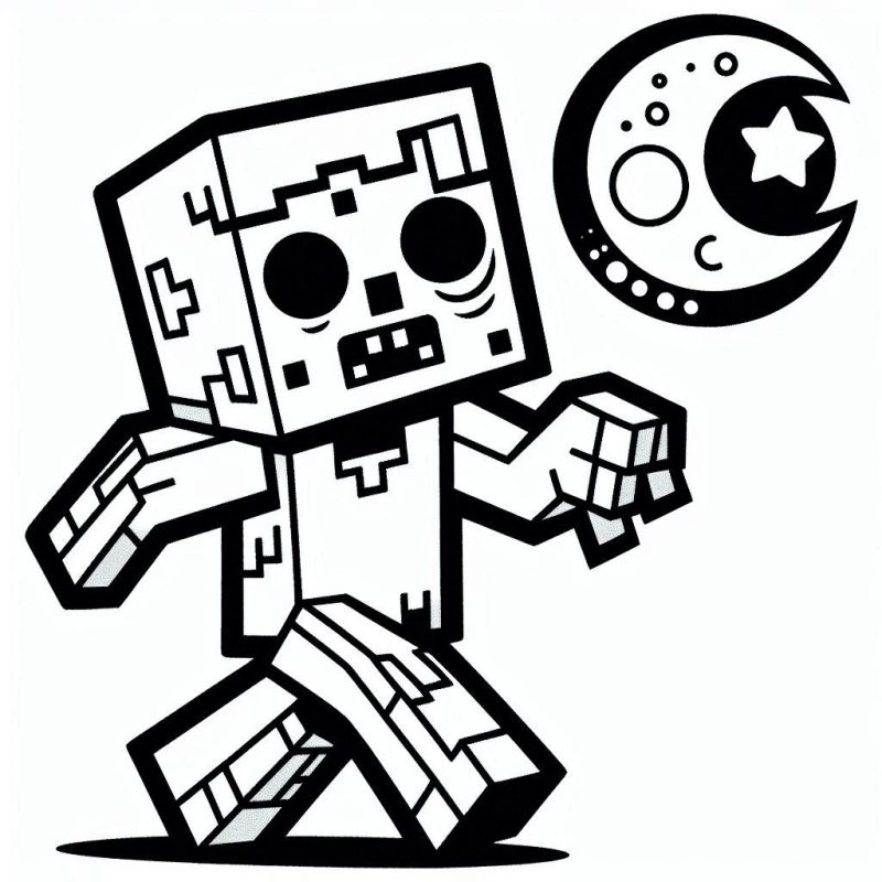 Ausmalbild Minecraft Zombie mit Mond