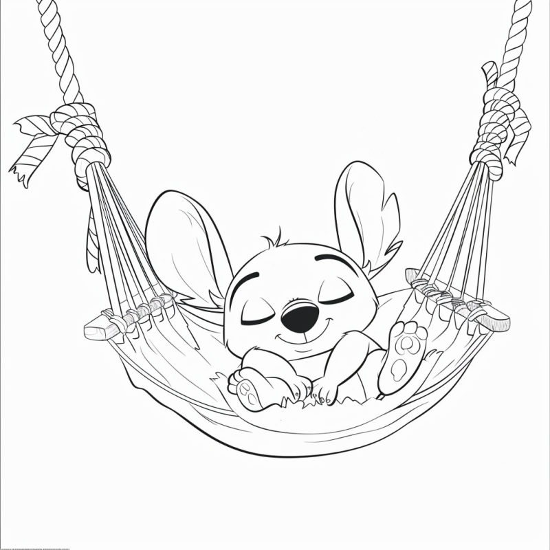 Ausmalbild Stitch Schlafen in der Hängematte Kostenlos