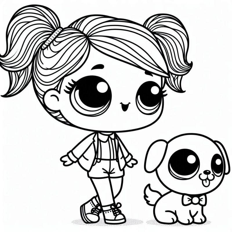 Ausmalbild lol Puppe und Hunde