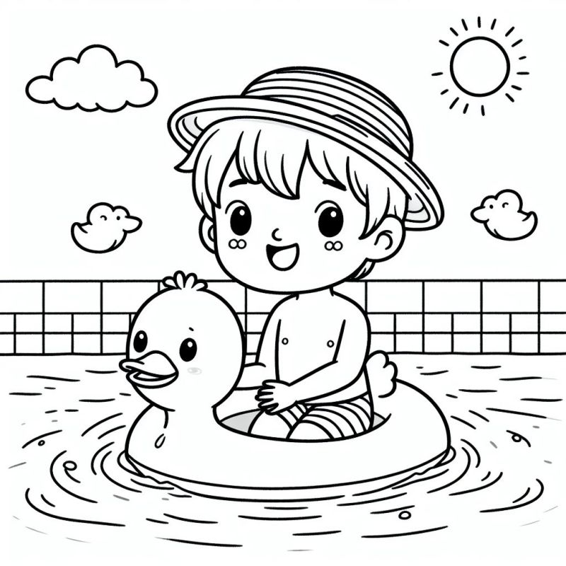 Glücklicher Junge mit Ente Ausmalbild für Kinder