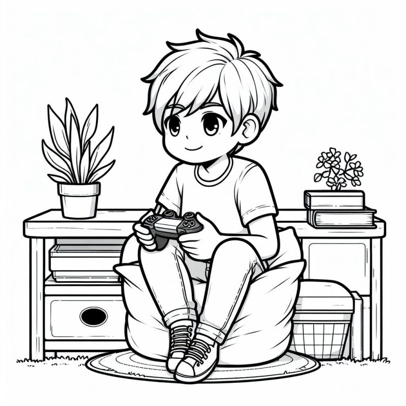 Ausmalbild Junge spielt Videospiele für Kinder