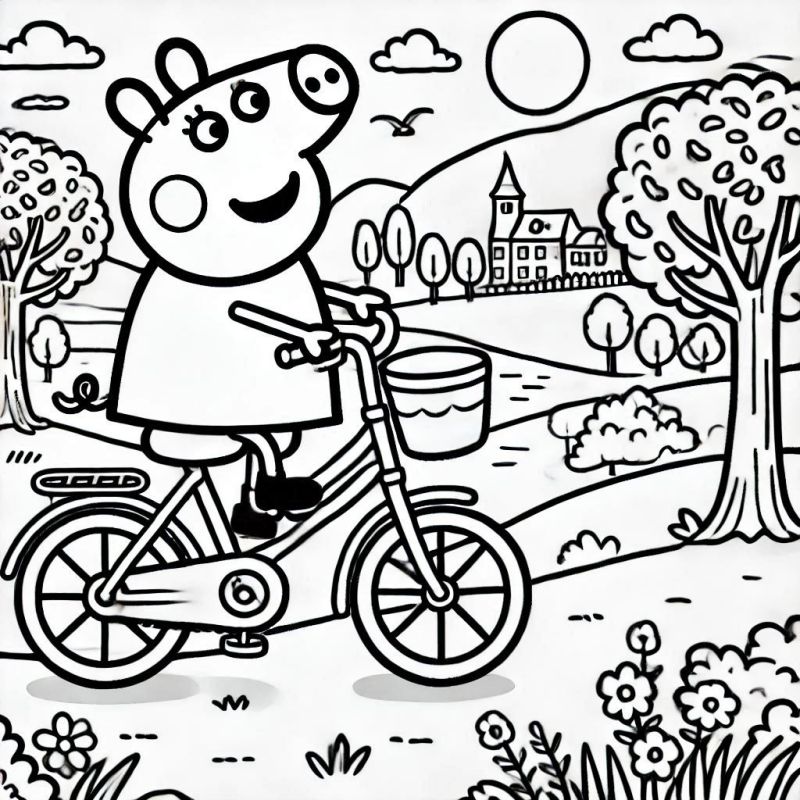 Ausmalbild Peppa Wutz mit Fahrrad