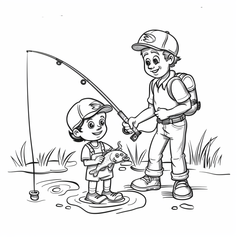 Ausmalbilder für Jungen zum Thema Vater und Sohn beim Angeln