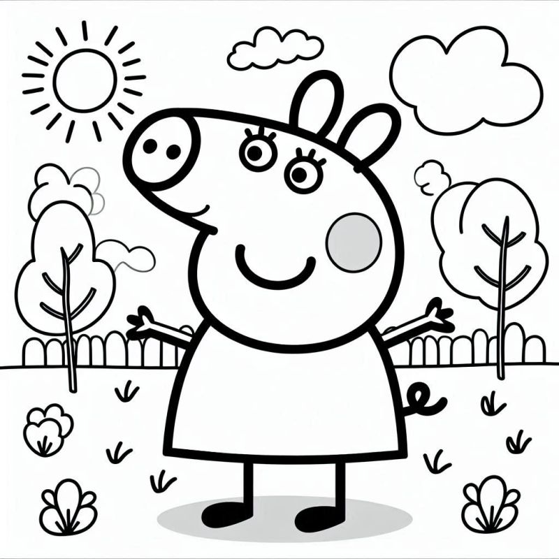 Ausmalbild Peppa Pig mit Glücklicher Garten Kostenlos