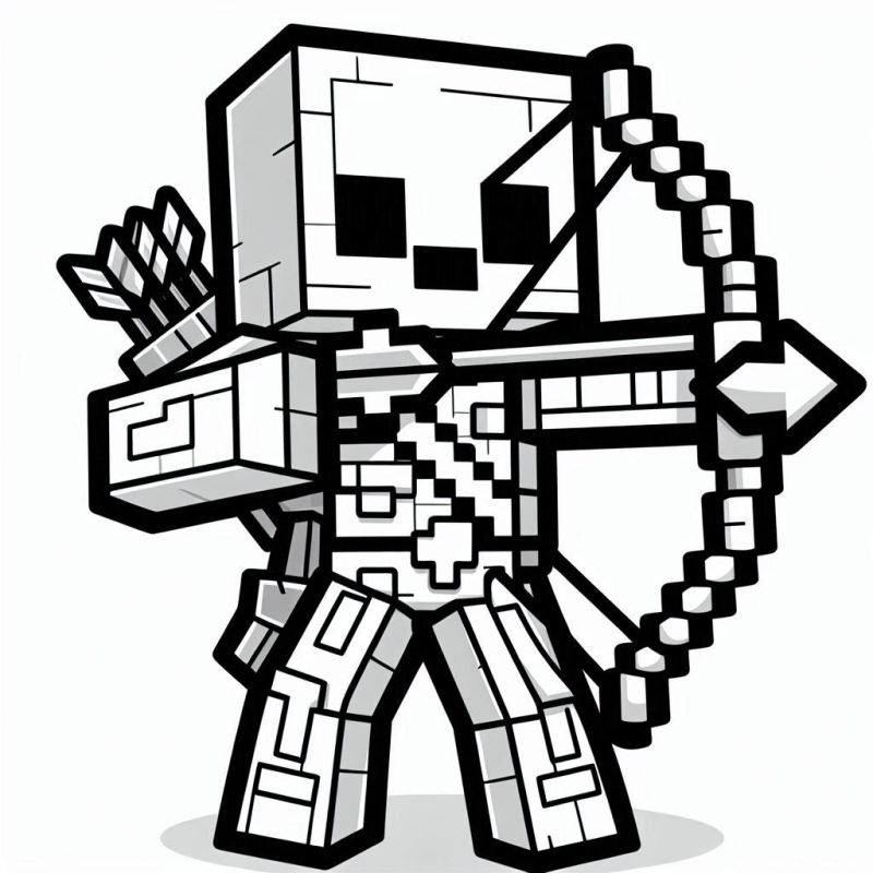 Pixeliges Skelett Minecraft Ausmalbild mit Bogen