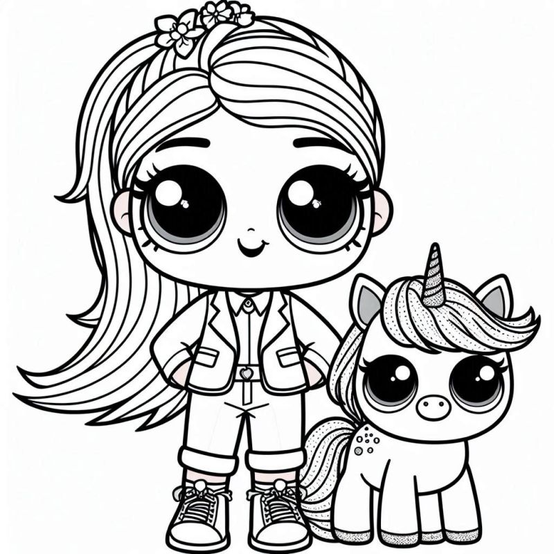 Ausmalbild lol Puppe mit Einhorn kostenlos