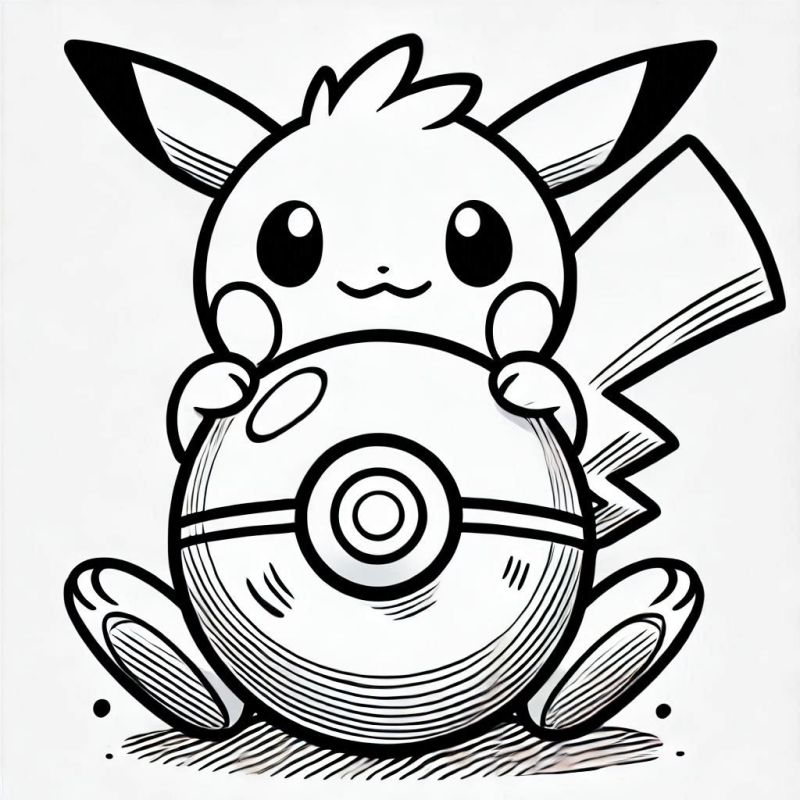 Ausmalbild Pikachu hält Pokéball
