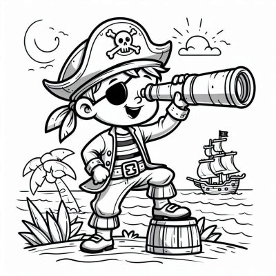 Ausmalbild Piraten Teleskop Schiff Insel kostenlos