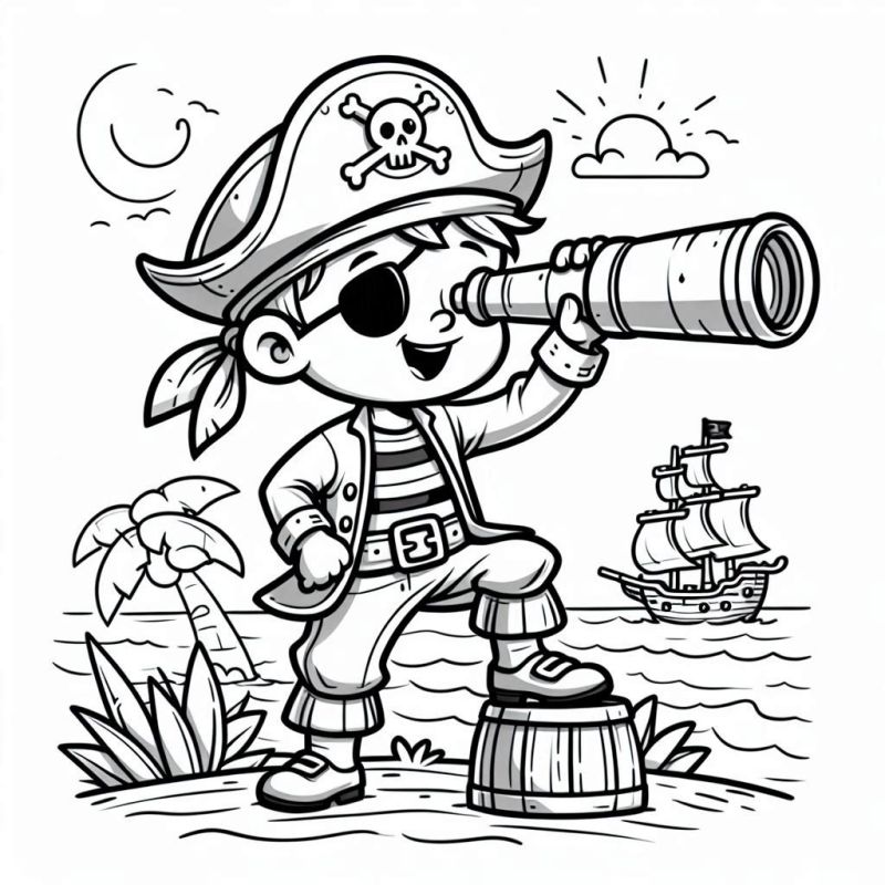 Ausmalbild Piraten Teleskop Schiff Insel kostenlos