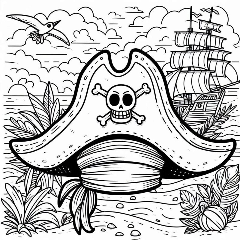 Ausmalbild Piratenhut Schiff Insel
