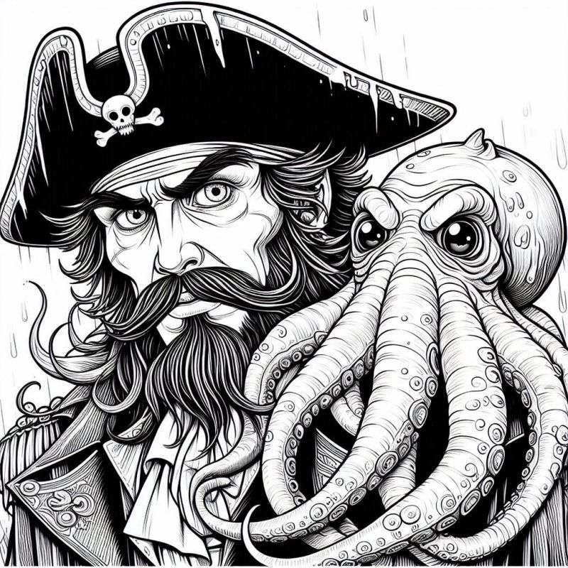 Detailliertes Ausmalbild Piraten mit Krake
