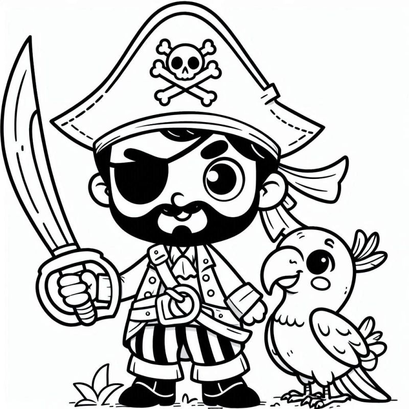 Einfach Ausmalbild Piraten mit Papagei