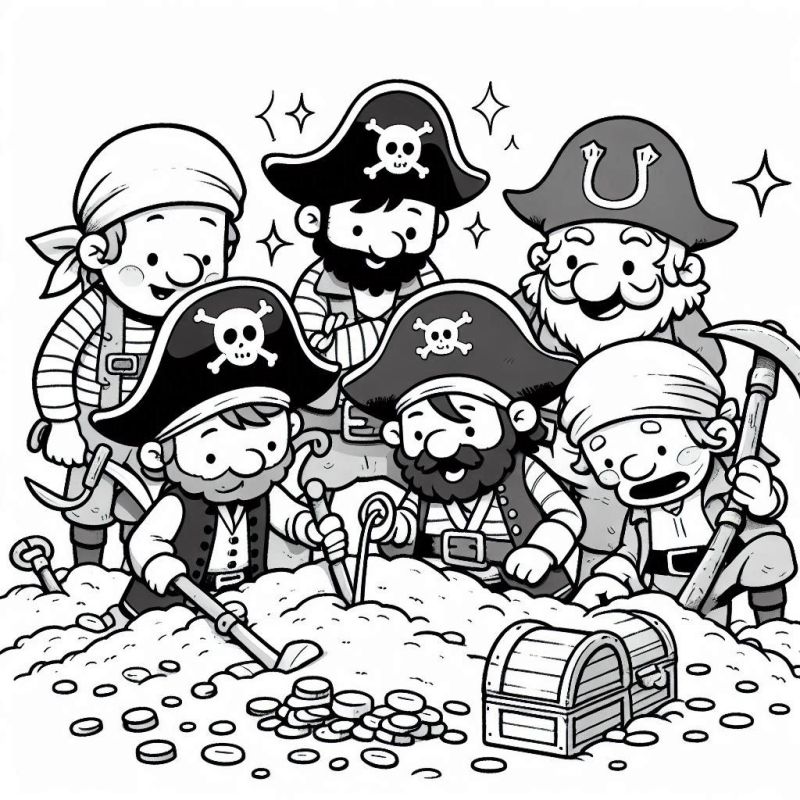 Ausmalbild Piraten feiern eine Schatztruhe voller Juwelen