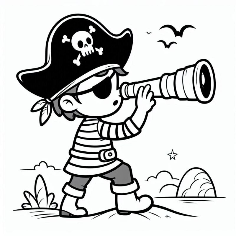 Ausmalbild Piraten mit Teleskop kostenlos