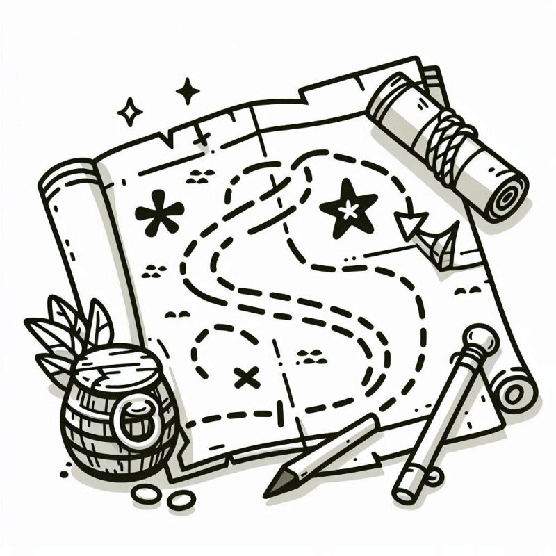 Ausmalbild Schatzkarte mit Piratenmotiv zum Ausdrucken
