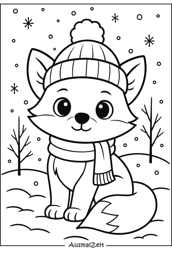 Winter Fuchs Ausmalbild – Fuchs mit Schal und Schneeflocken