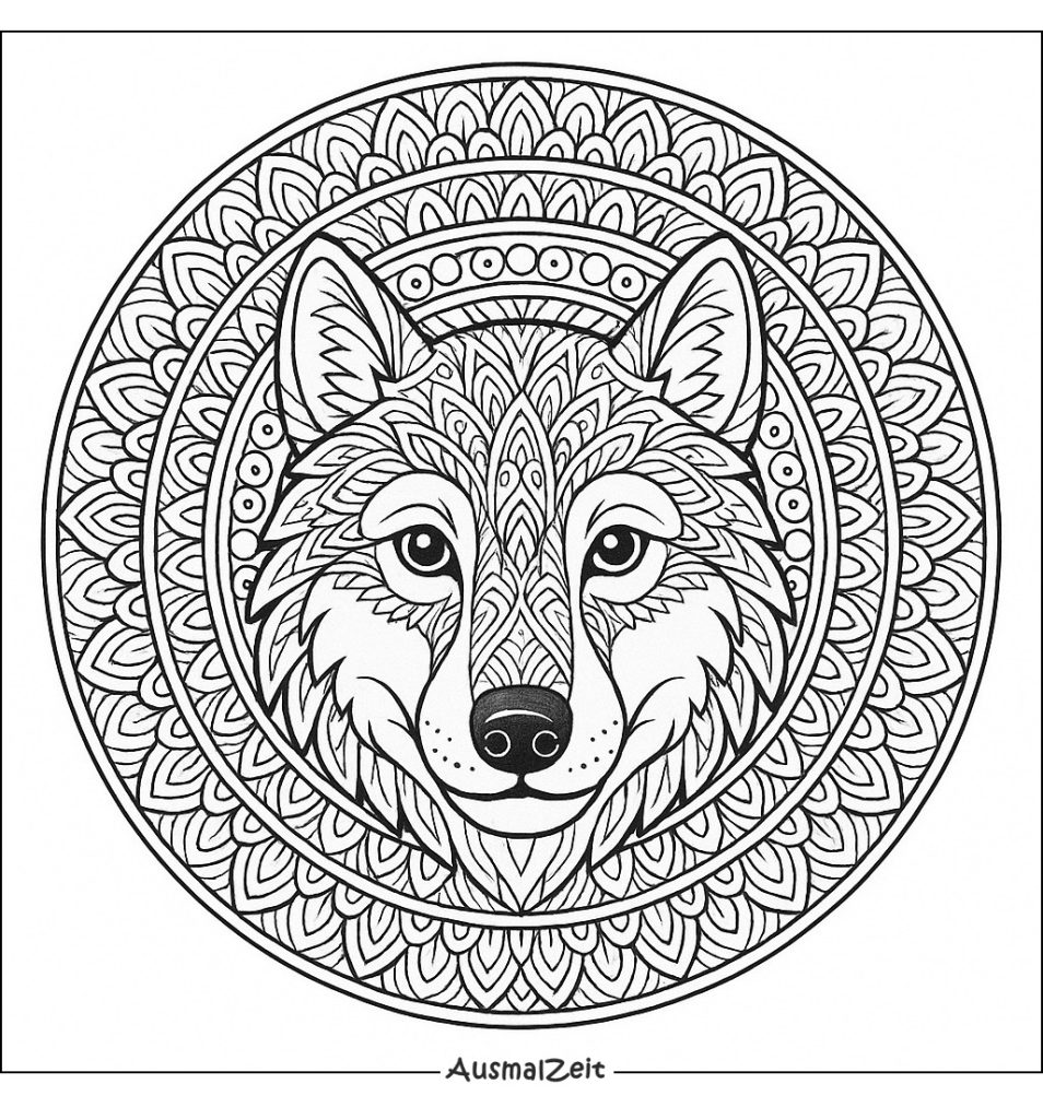 Mandala Tiere Wolf für Erwachsene ausdrucken herunterladen
