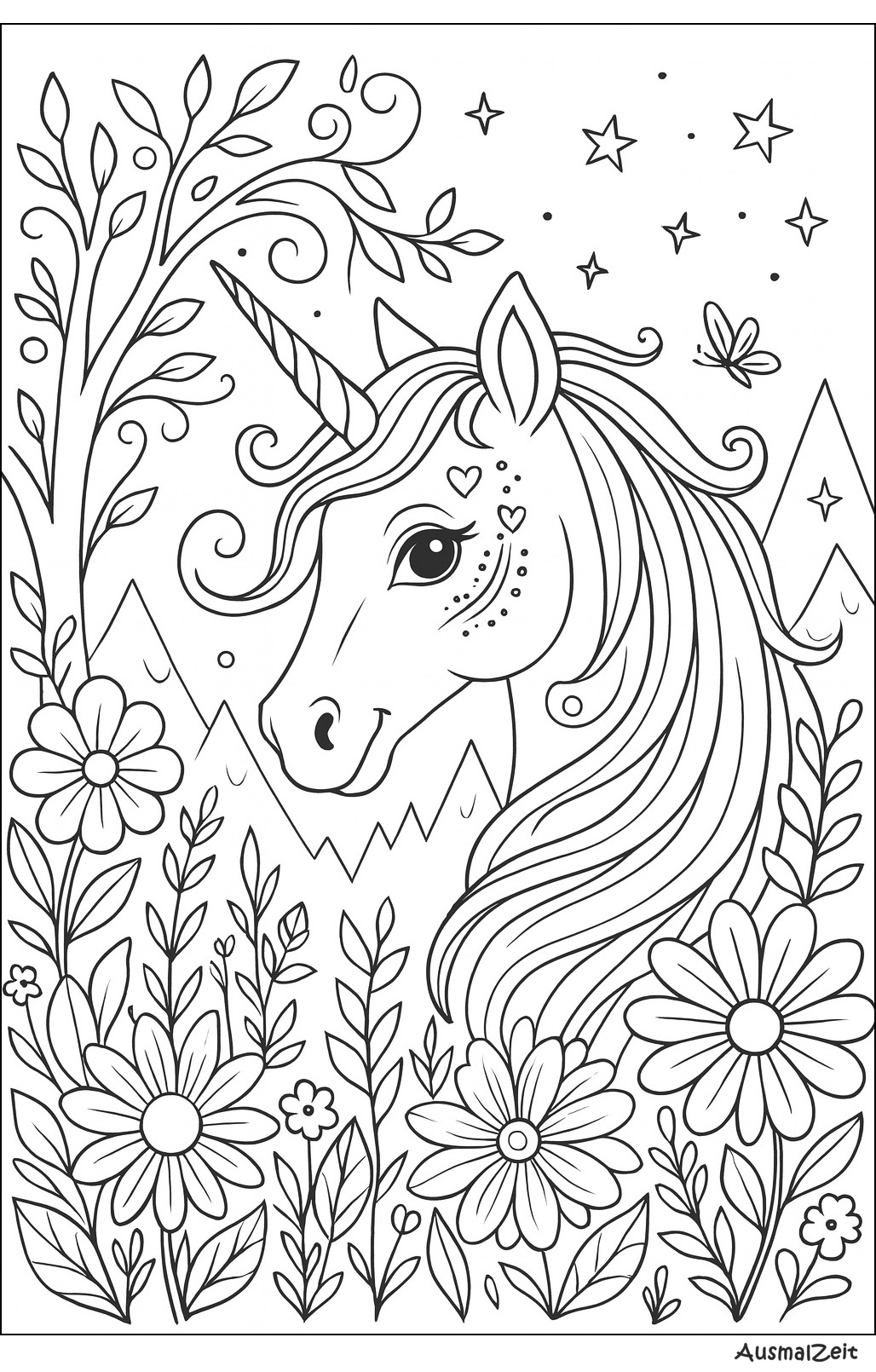 Einhorn Ausmalbild mit Blumenkranz – gratis Malvorlage