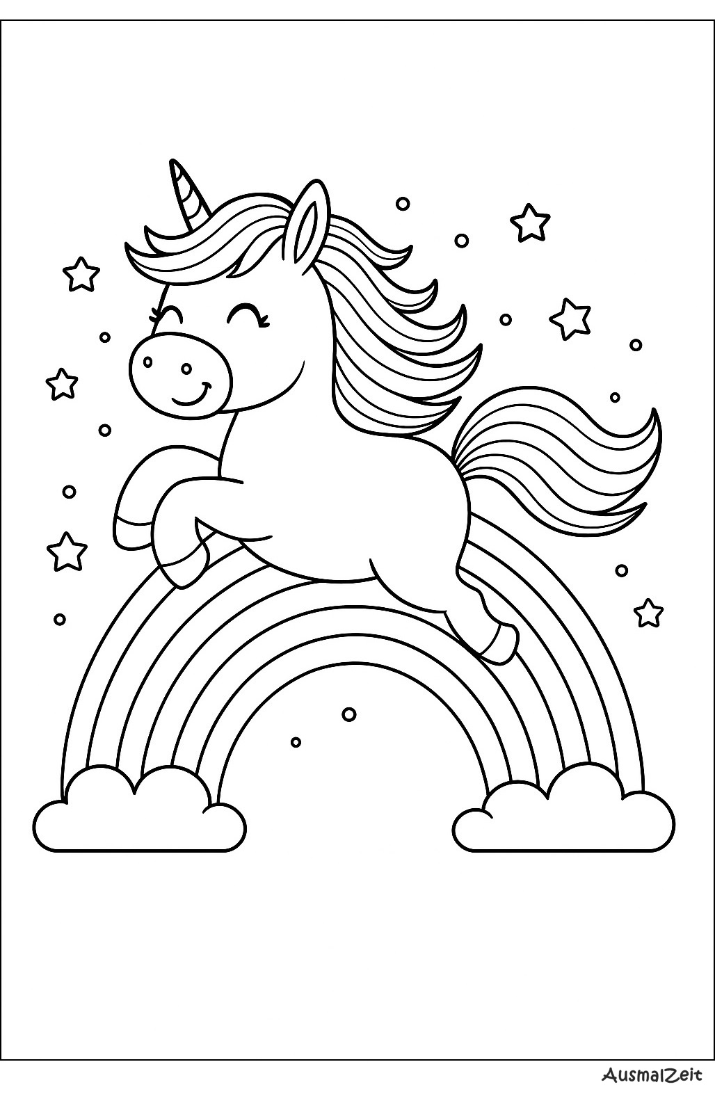 Einhorn Ausmalbild mit Regenbogen – gratis PDF zum Ausdrucken