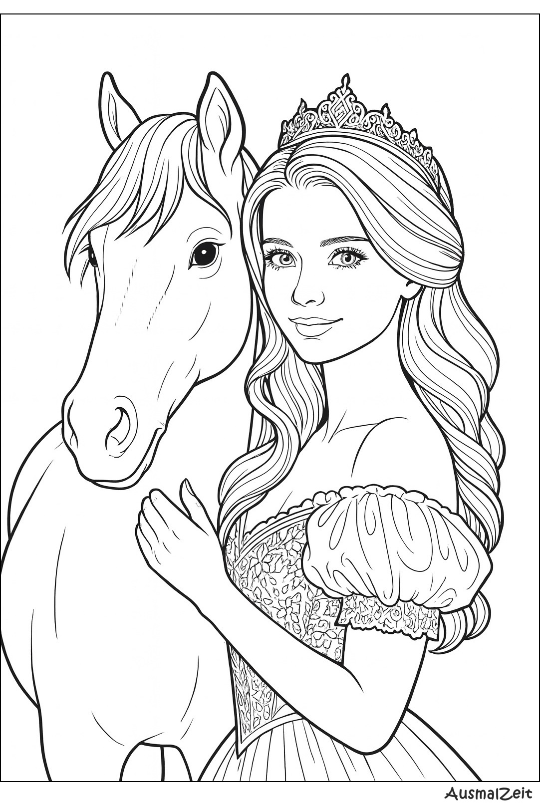 Einhorn mit Prinzessin Ausmalbild – gratis PDF zum Drucken in A4