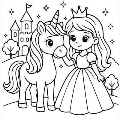 Süßes Einhorn mit Prinzessin – Ausmalbild gratis ausdrucken