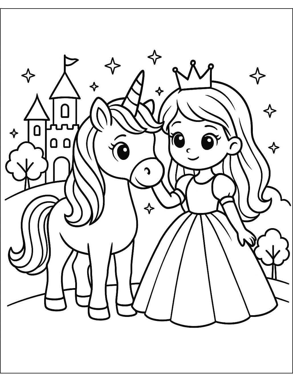 Süßes Einhorn mit Prinzessin – Ausmalbild gratis ausdrucken